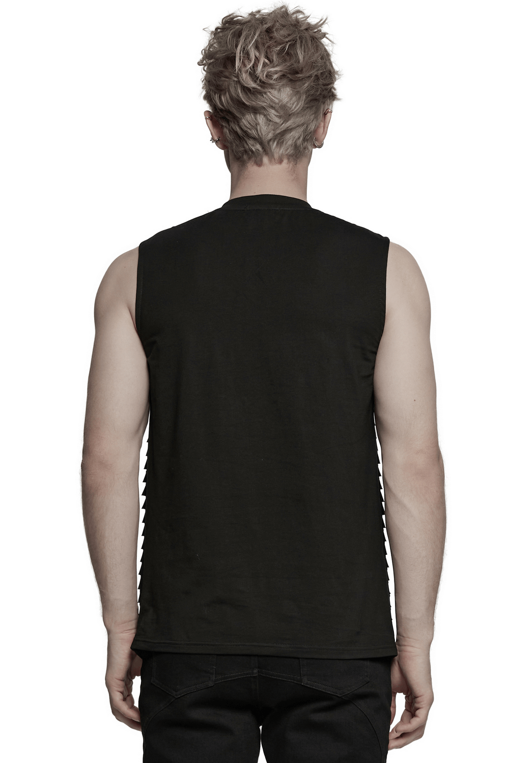 Back view of a black mesh punk tank featuring rubber buckles and straps, showcasing its edgy design.