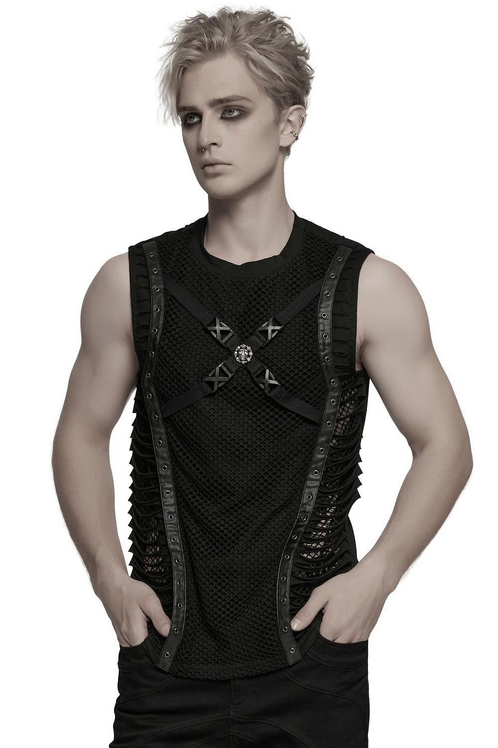 Edgy black mesh punk tank with rubber buckles and strap details on model, perfect for gothic fashion.