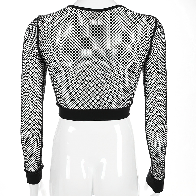 Back view of a women's black mesh crop top with long sleeves, perfect for casual outfits and trendy styling.