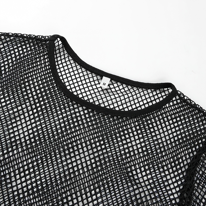 Close-up of black mesh see-through crop top with round neckline, perfect for casual women's fashion.