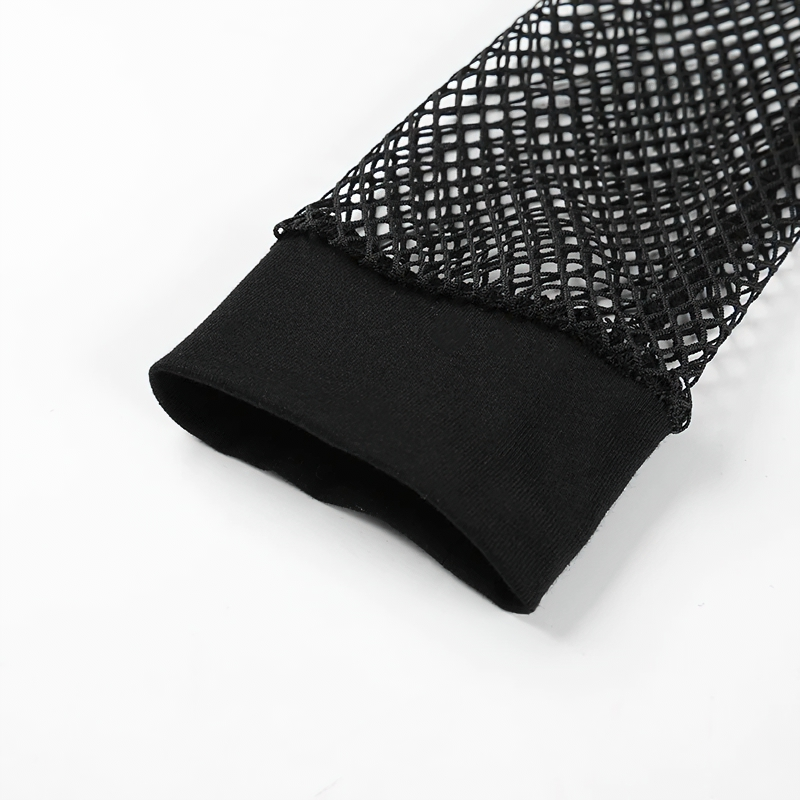 Close-up of the sleeve of a black mesh crop top for women, showcasing modern, lightweight fabric design.