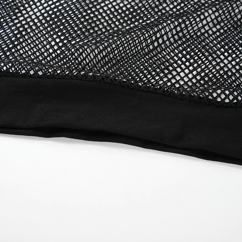 Close-up of black mesh fabric showcasing texture for women's casual cropped top.