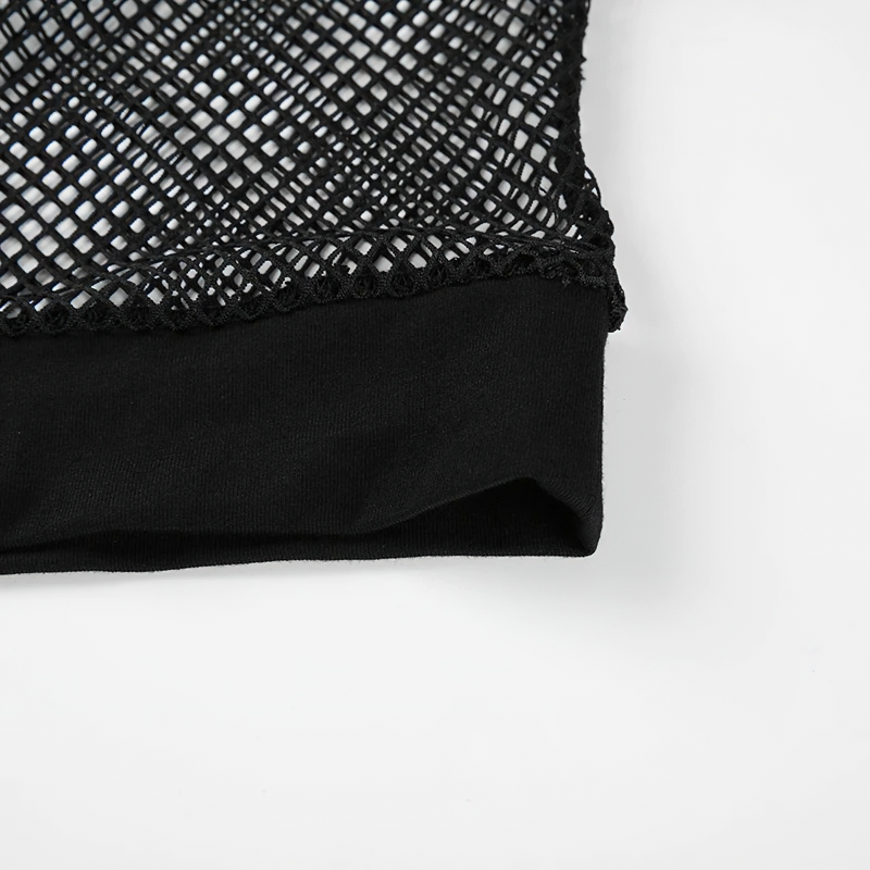 Black mesh see-through crop top for women featuring long sleeves and trendy casual style, perfect for any wardrobe.
