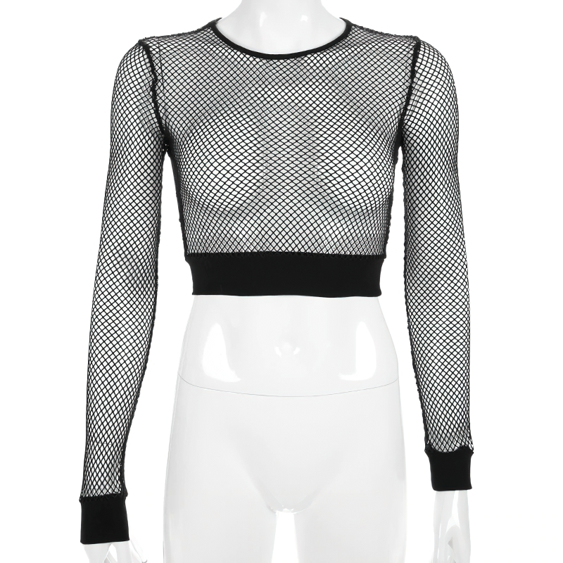 Stylish women's black mesh crop top with long sleeves, perfect for casual outings and modern looks.