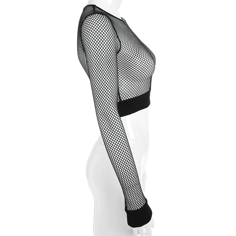 Black mesh crop top with long sleeves for women, stylish and trendy casual wear.