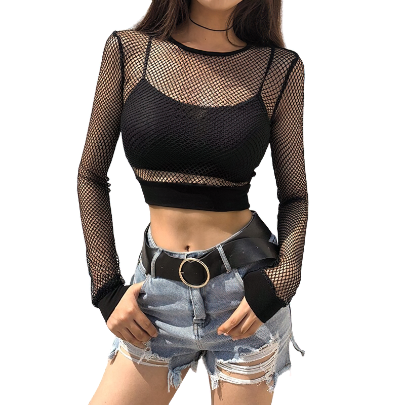 Women's black mesh cropped top with long sleeves, perfect for casual style and trendy summer outfits.