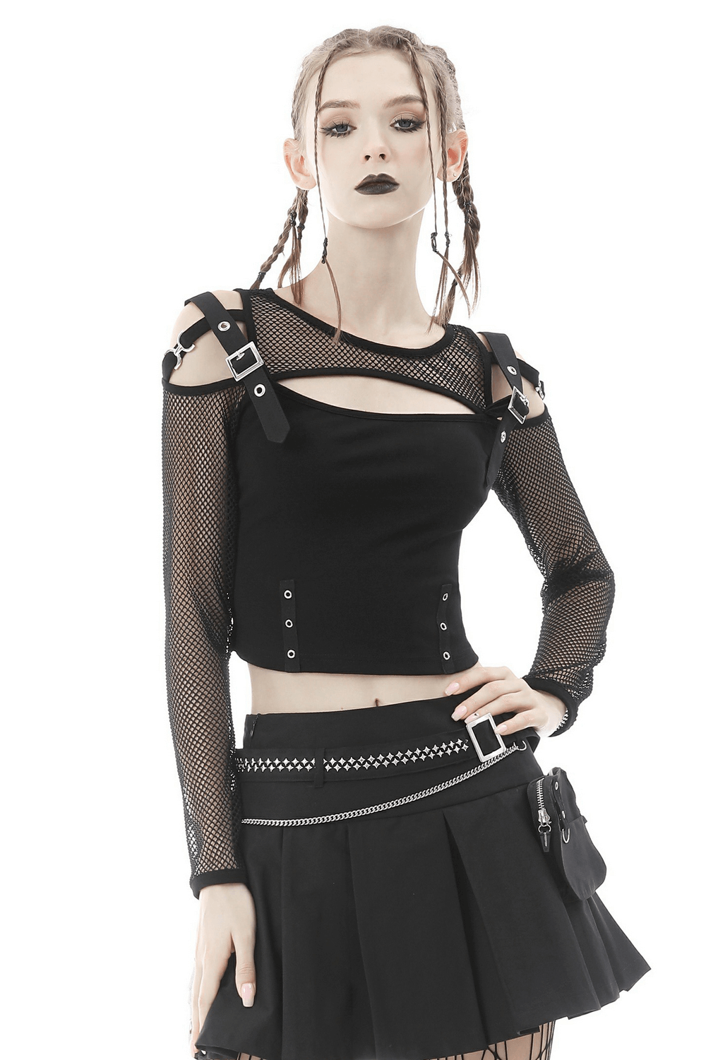 Black Mesh Sleeves Crop Top - Gothic Punk Style