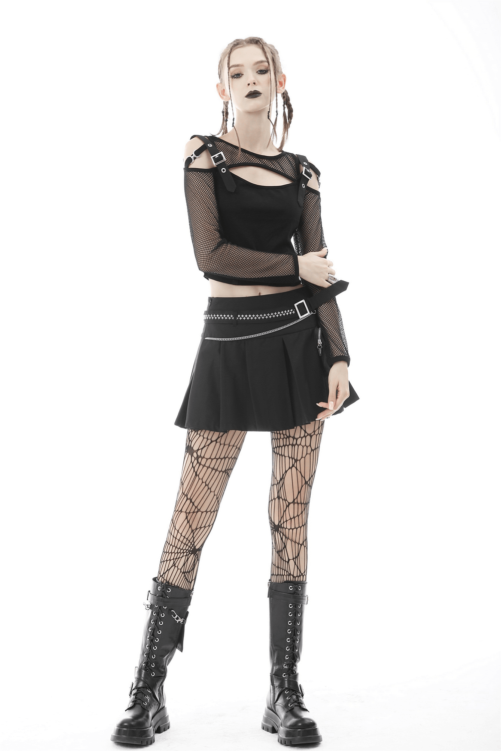 Black Mesh Sleeves Crop Top - Gothic Punk Style