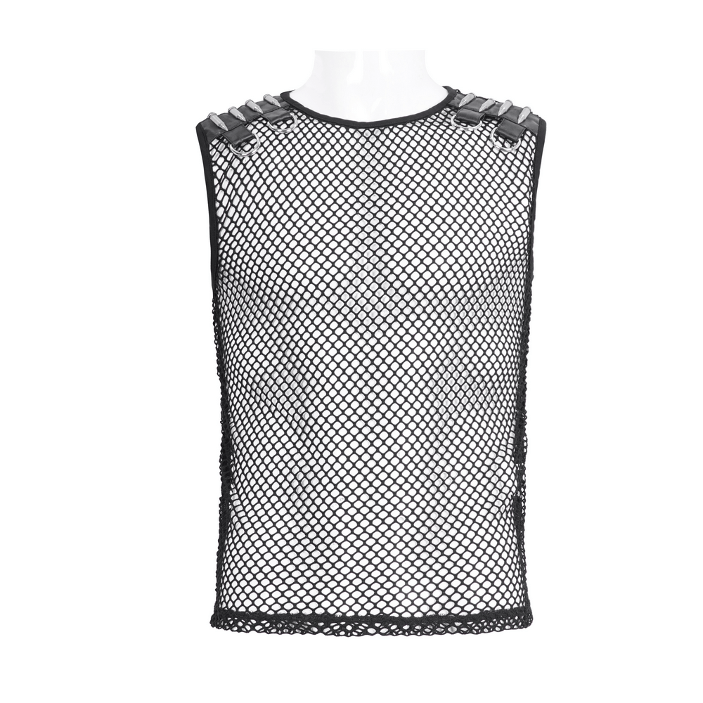 Edgy black mesh tank top with spike shoulder straps, perfect for daring outfits and warm weather layering.