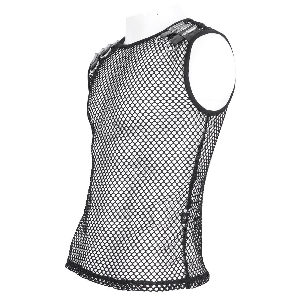 Edgy black mesh tank top with spike shoulder straps, perfect for layering or bold summer looks.