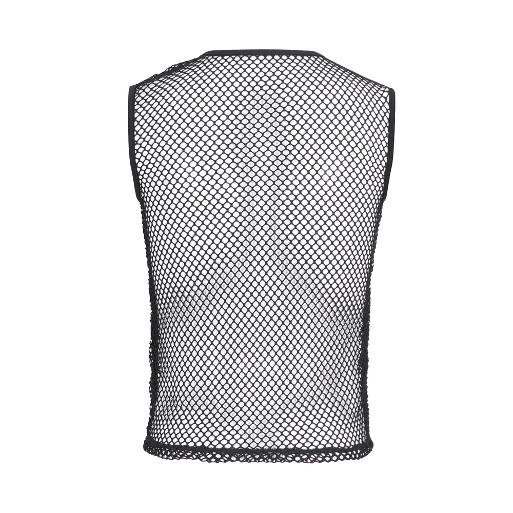 Back view of a black mesh tank top with an edgy design, perfect for layering or bold statements.