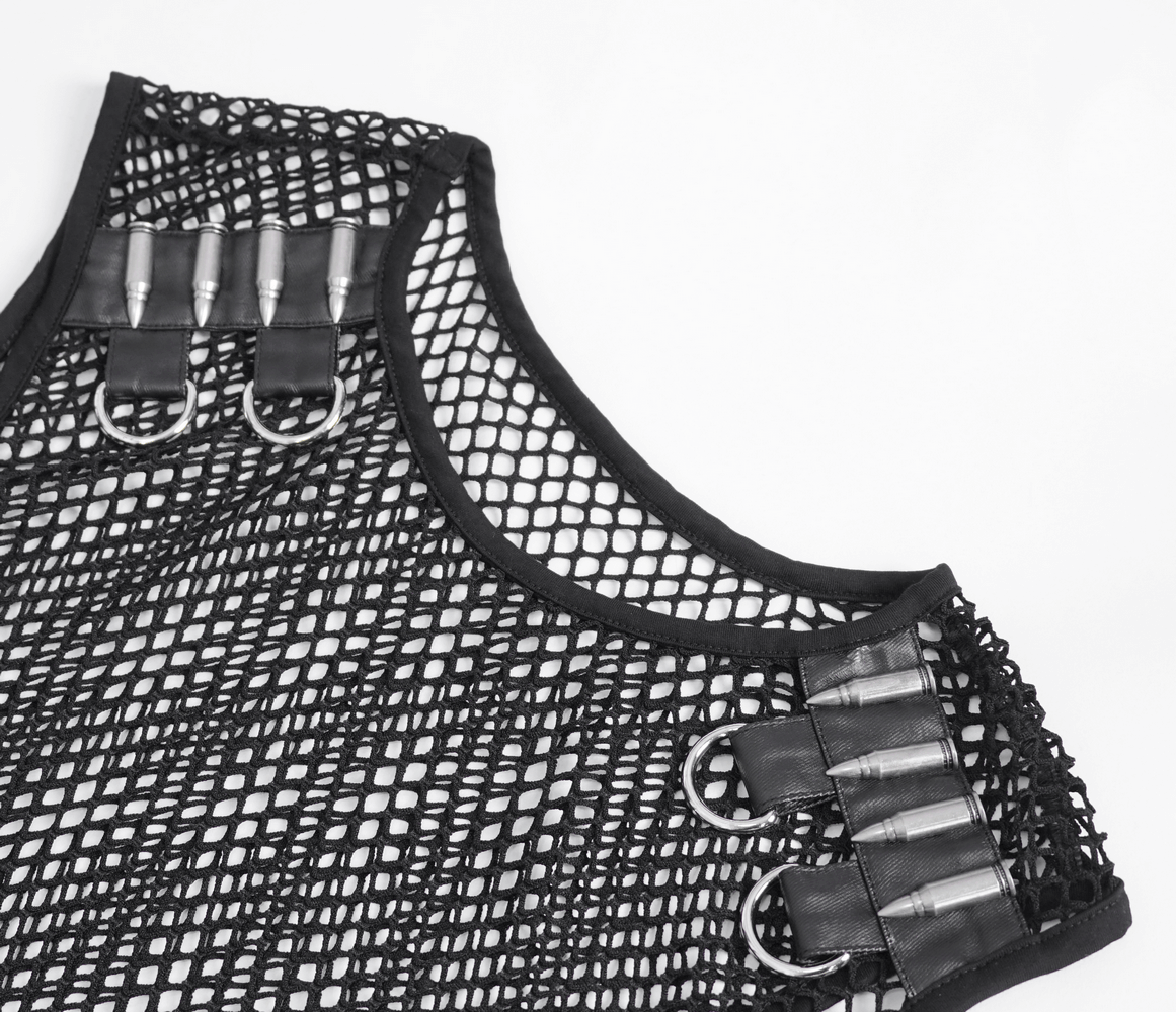 Close-up of black mesh tank top with spiked shoulder straps and studded detailing.