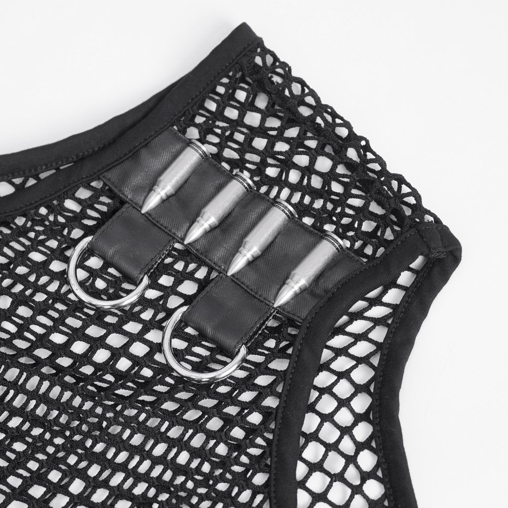 Close-up of edgy black mesh tank top showcasing spiked shoulder straps and studded detailing.