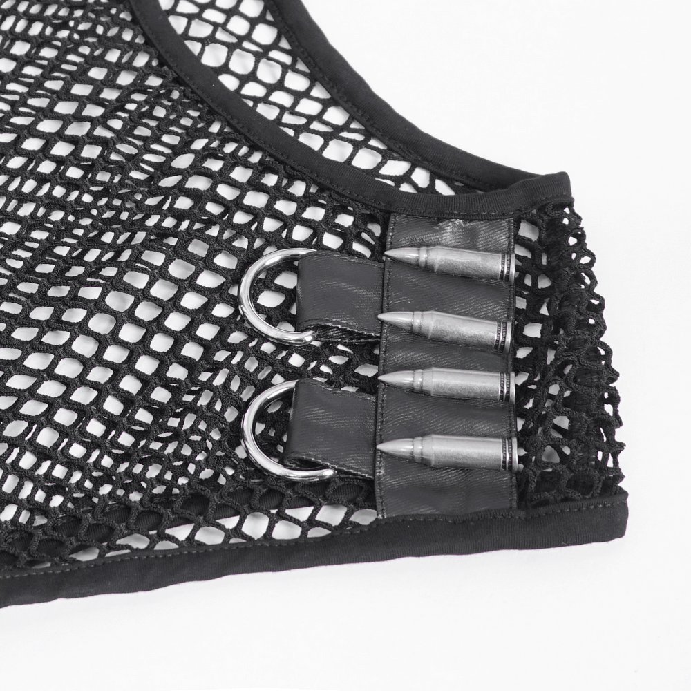 Close-up of black mesh tank top with spiked shoulder straps and studded detailing for a bold punk look.