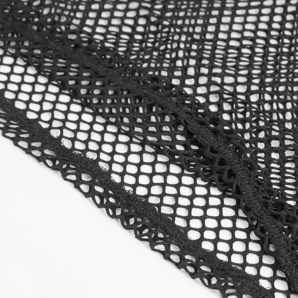 Close-up of black mesh fabric showcasing its breathable texture and edgy design, perfect for stylish layering.