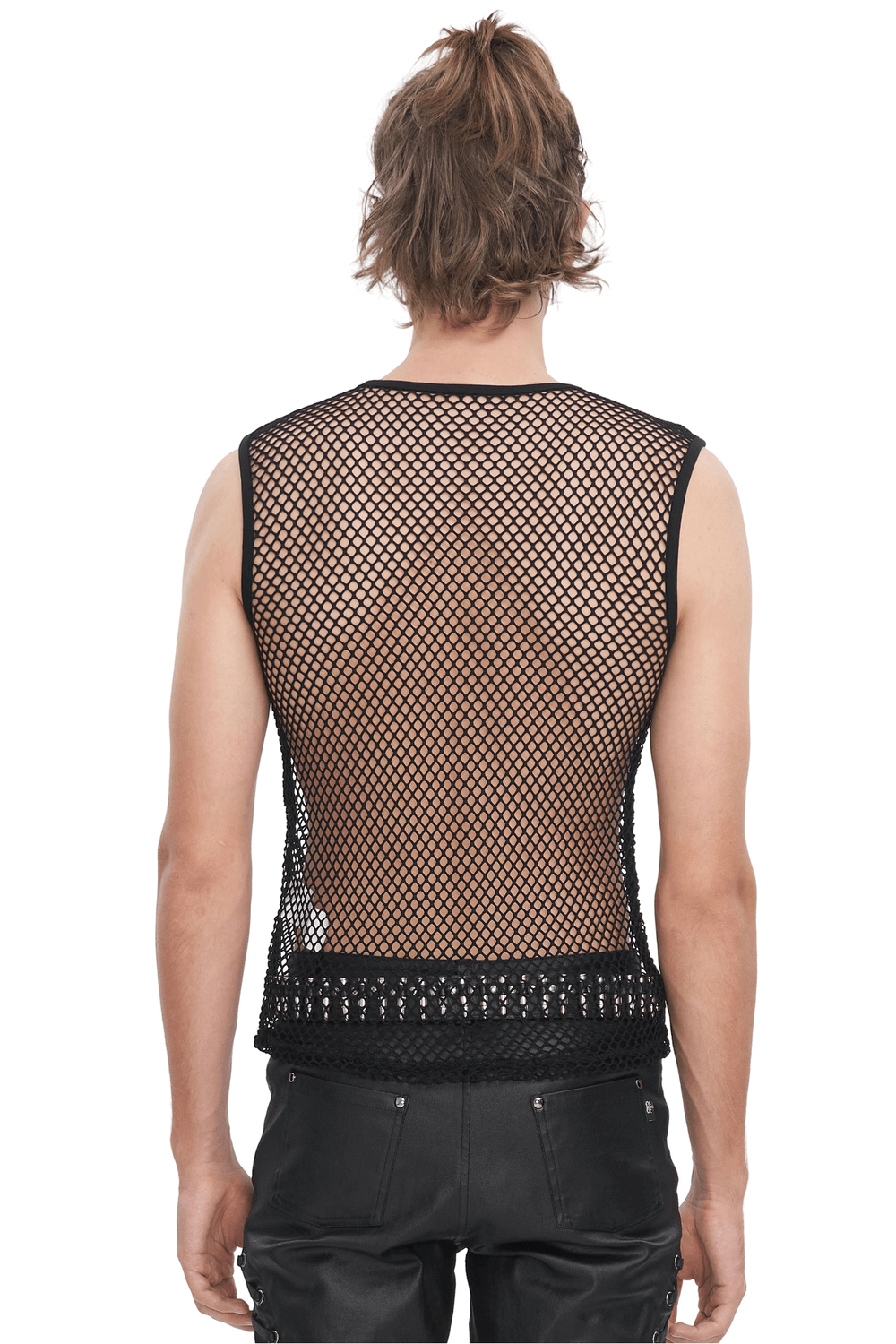Back view of stylish black mesh tank top with spiked shoulder straps, perfect for a bold, edgy look.