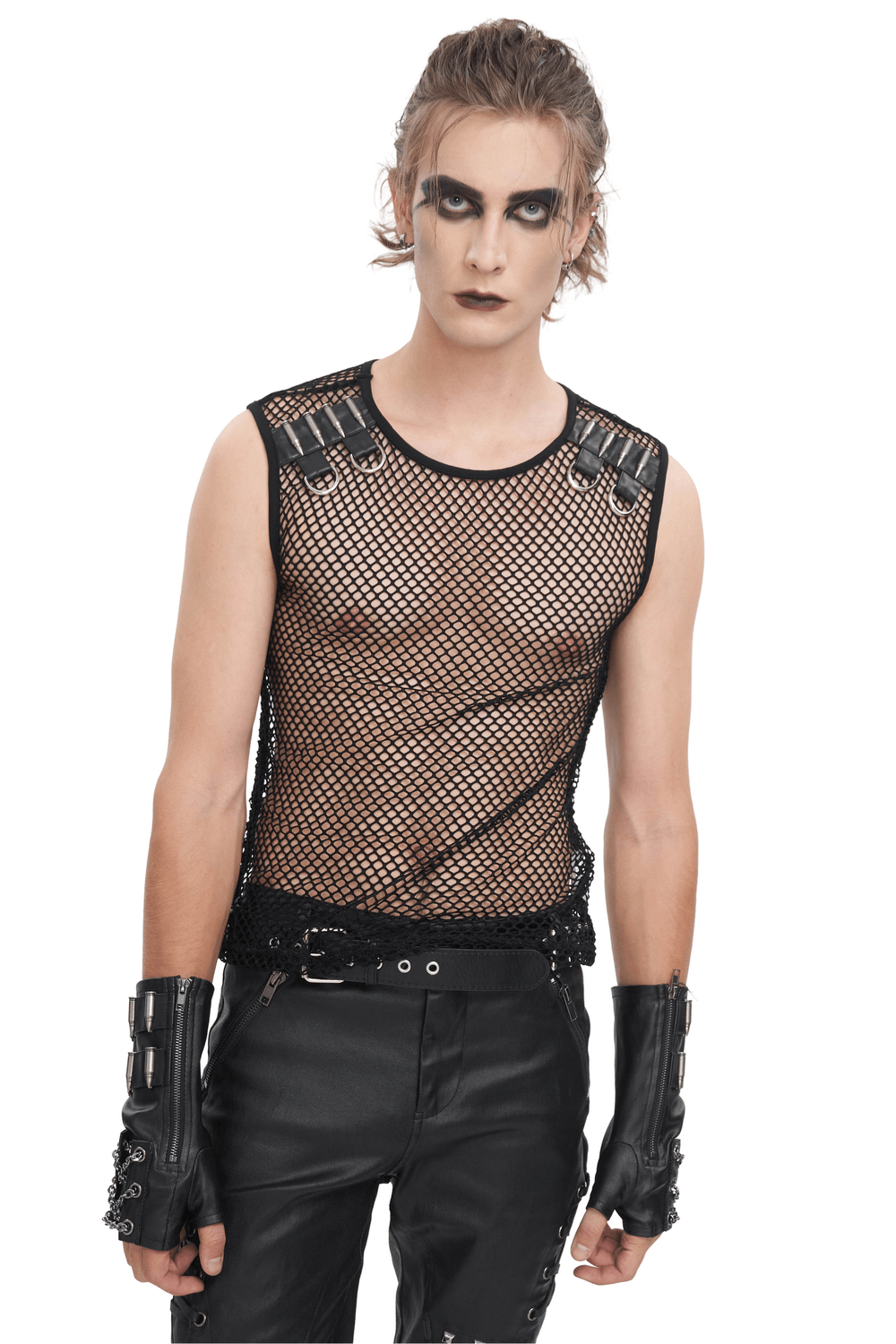 Edgy black mesh tank top with spiked shoulder straps, perfect for layering or bold fashion statements.