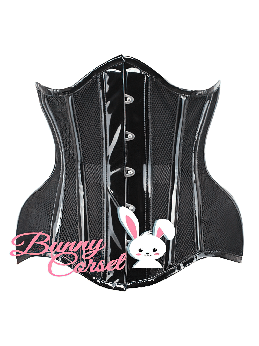 Black mesh underbust corset with adjustable lacing for gothic fashion and waist training.