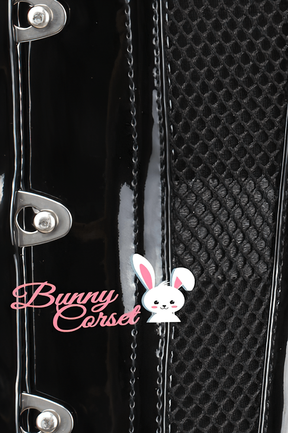 Close-up of a black mesh underbust corset featuring glossy PVC, steel boning, and Bunny Corset logo.