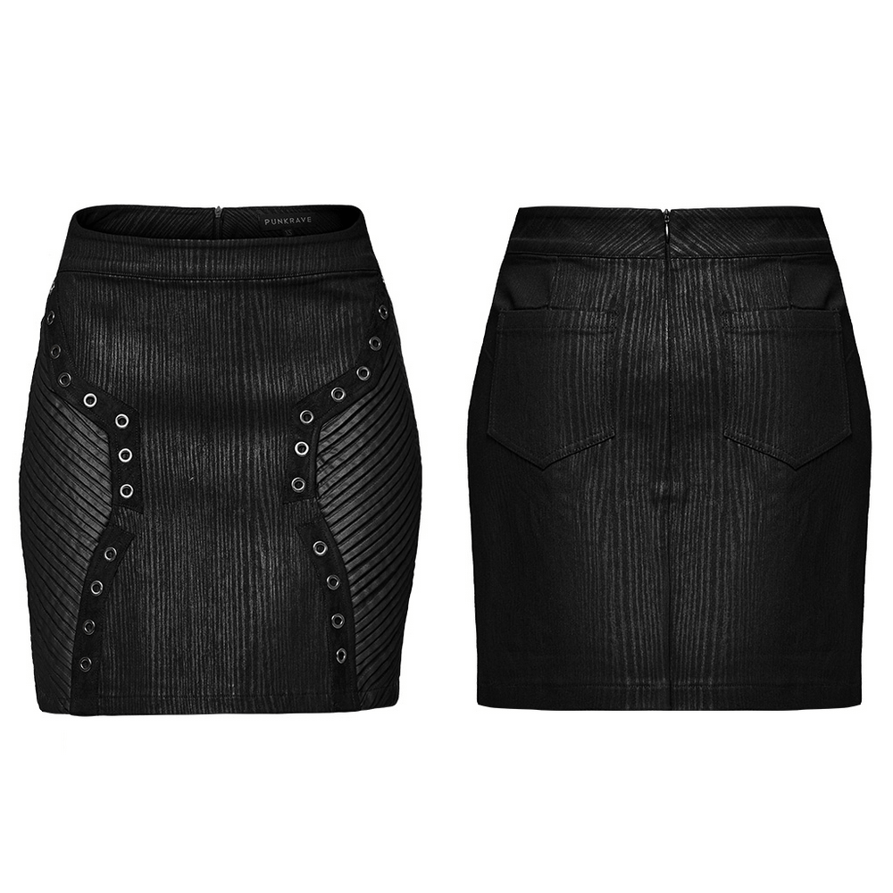 Black mini skirt with rubberized leather panels and eyelets, featuring a punk 3D pleated design and high waist.