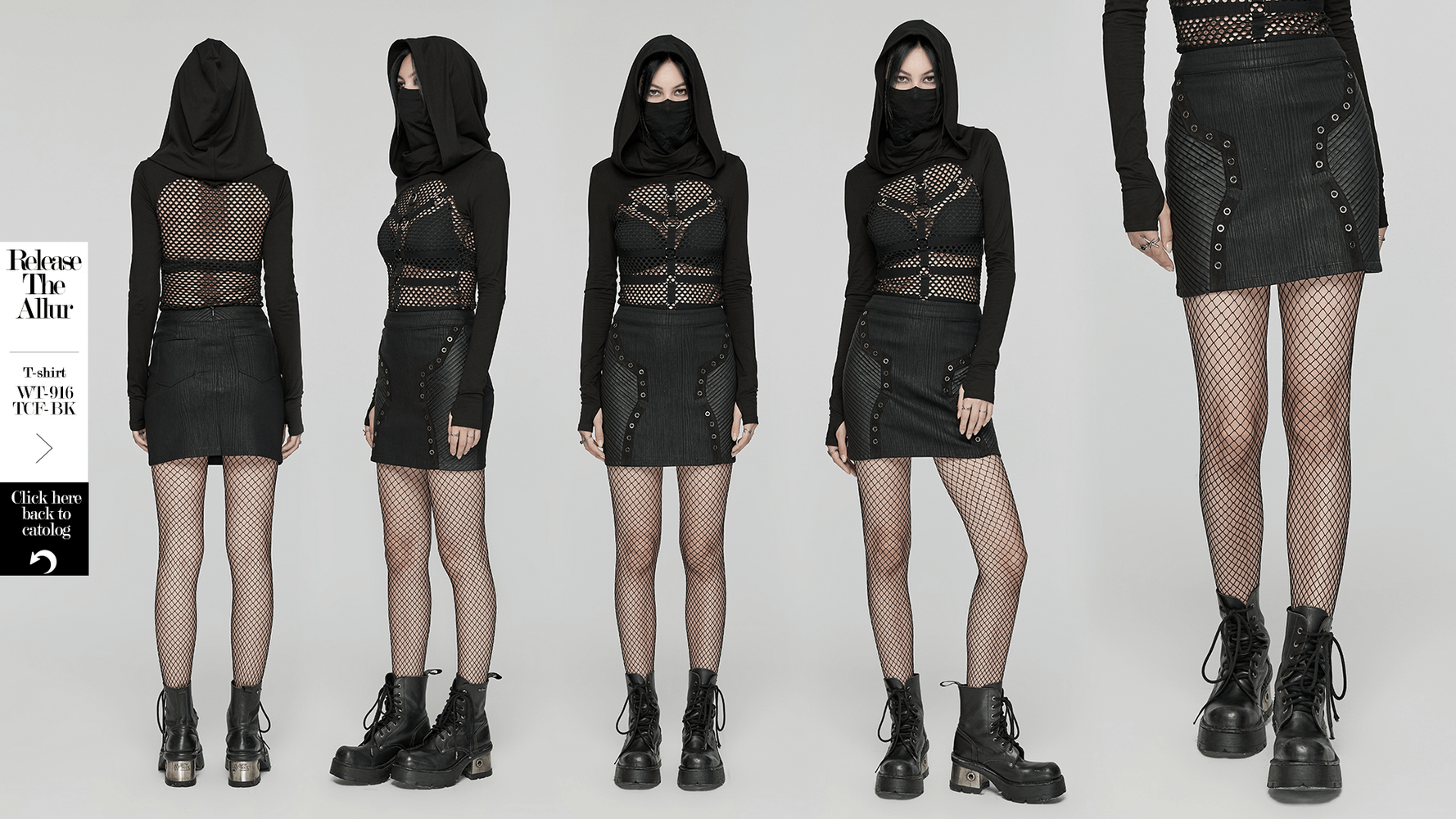 Black mini skirt with rubberized leather panels, eyelets, and punk-inspired 3D pleats, styled with a mesh top and fishnet stockings.