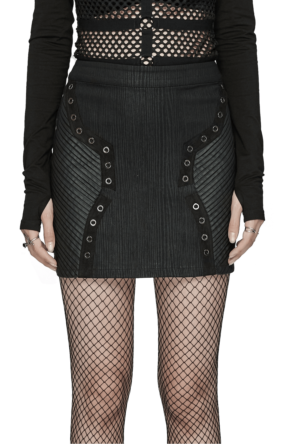 Black Mini Skirt with Rubberized Leather Panels and Eyelets