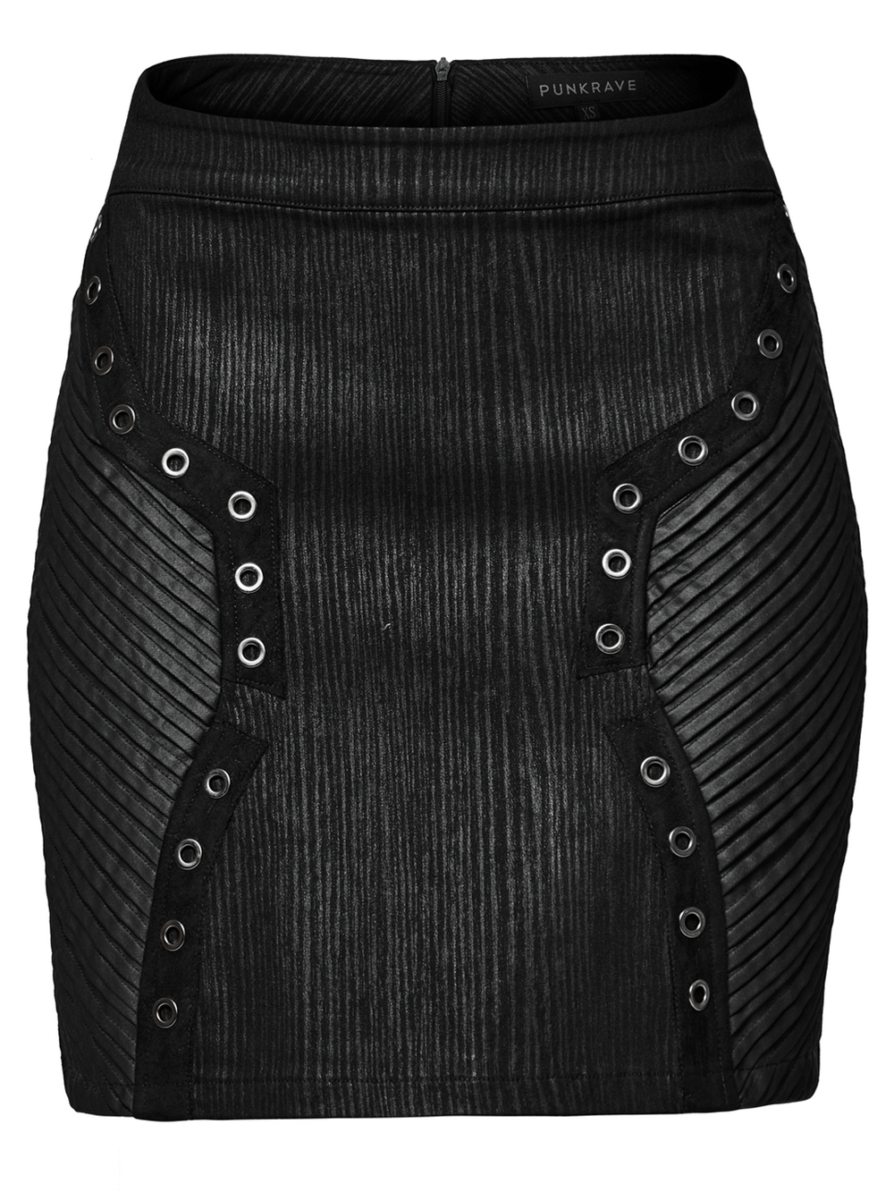 Black mini skirt with rubberized leather panels and eyelets, featuring a punk-inspired 3D pleated design.