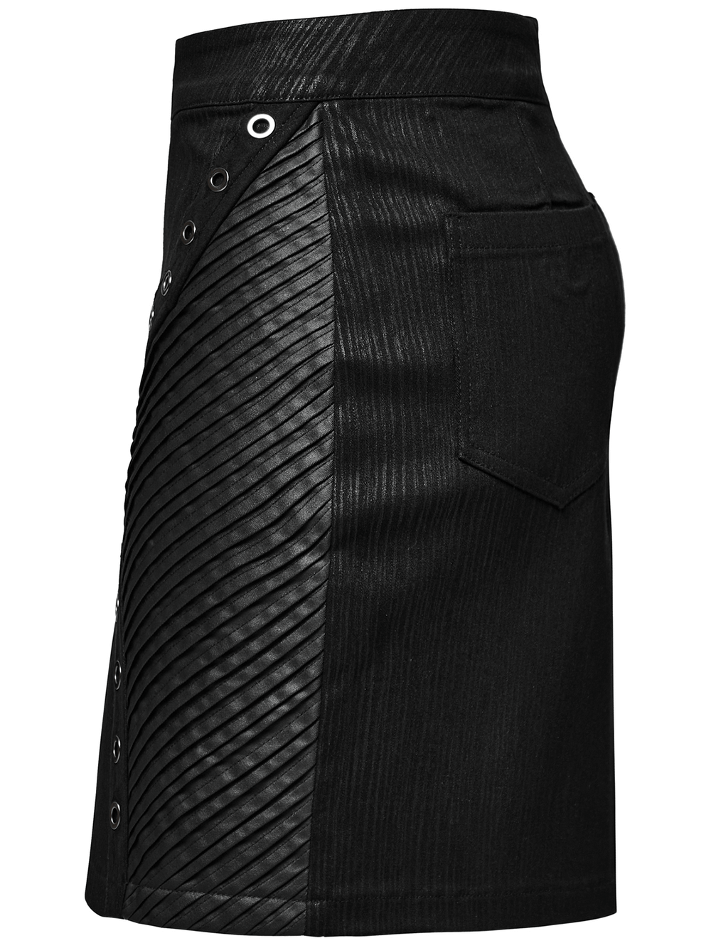 Black mini skirt with rubberized leather panels and eyelets, featuring a punk 3D pleated design.