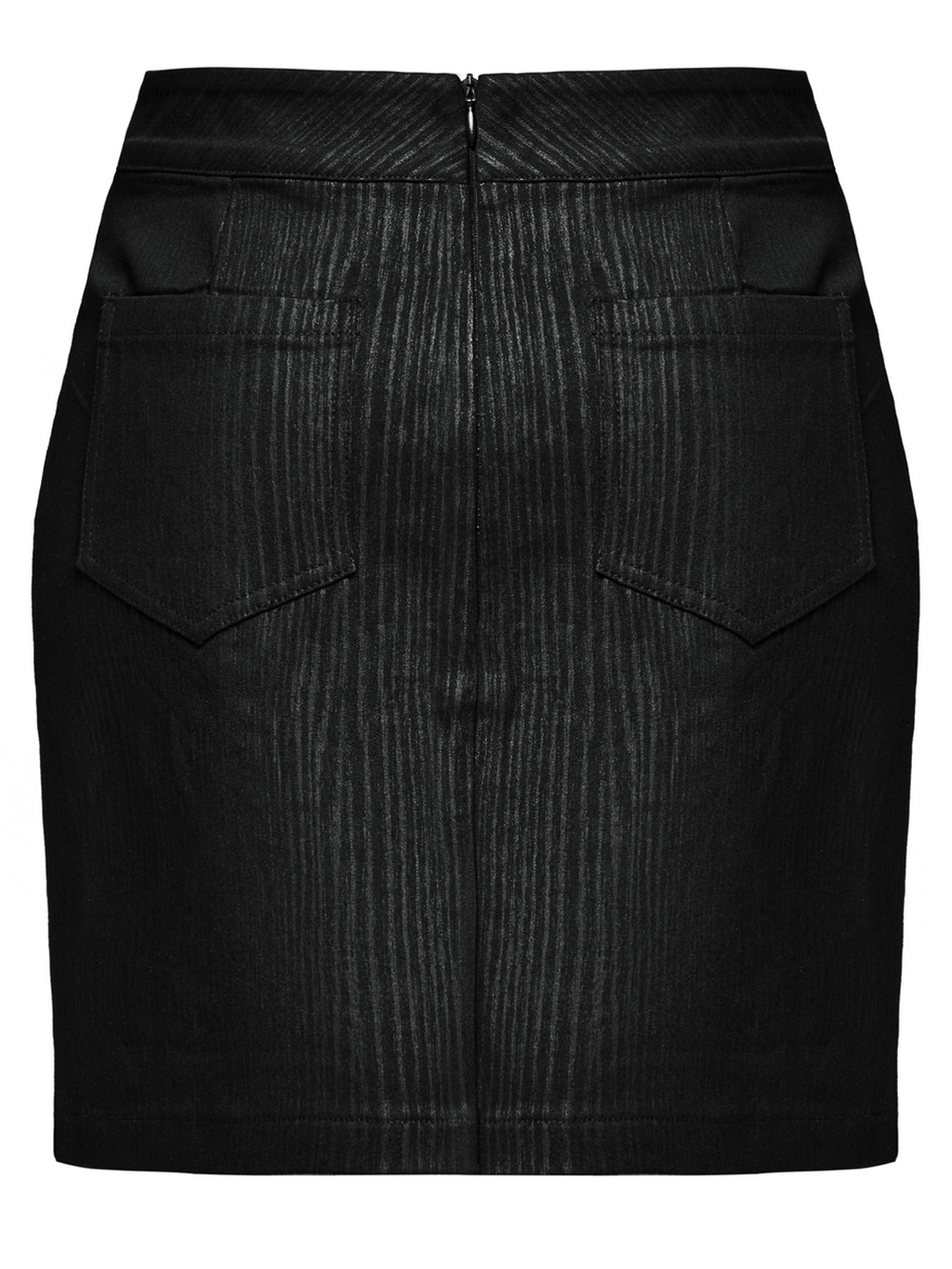Back view of a black mini skirt with vertical stripes and pockets, featuring a sleek high-waisted design.
