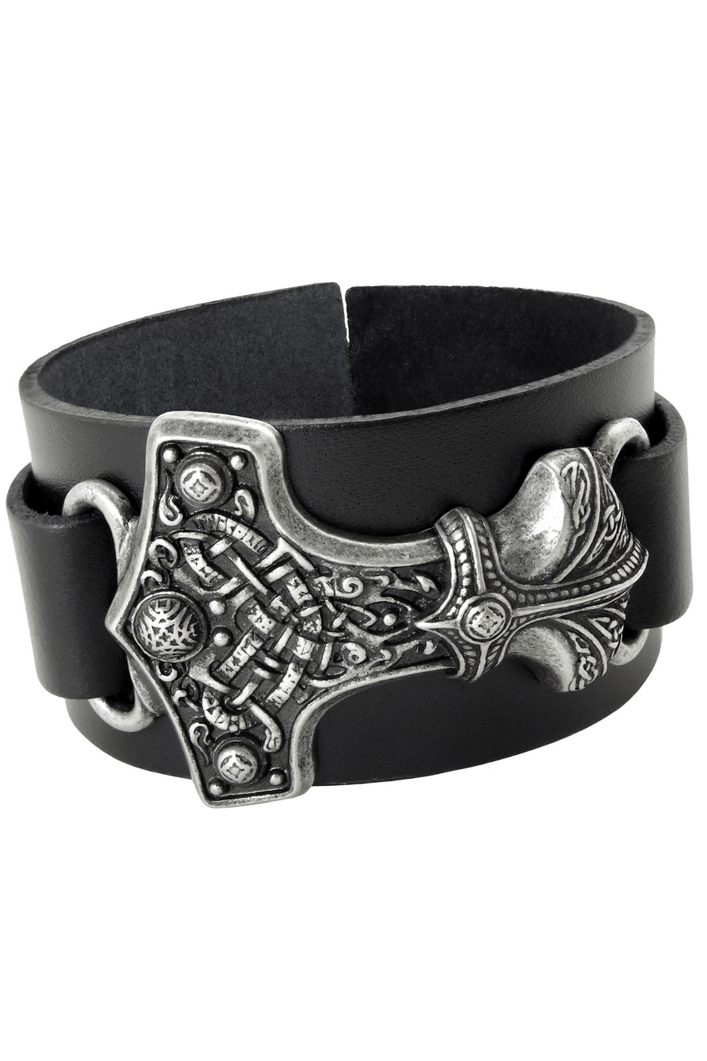 Black leather bracelet featuring a detailed pewter Mjolnir pendant, perfect for Viking enthusiasts and gothic fashion lovers.