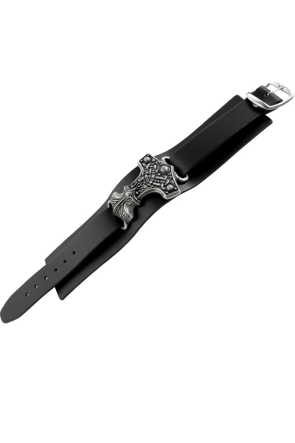 Wide black leather bracelet featuring a pewter Mjolnir pendant, perfect for Viking and Norse mythology enthusiasts.