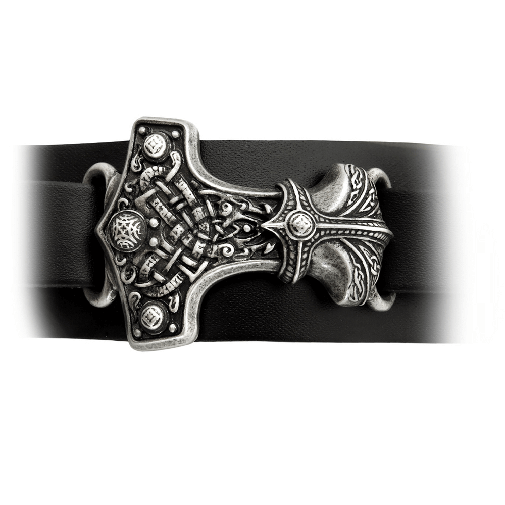 Black leather bracelet featuring a detailed pewter Mjolnir pendant, perfect for Viking enthusiasts and gothic fashion.