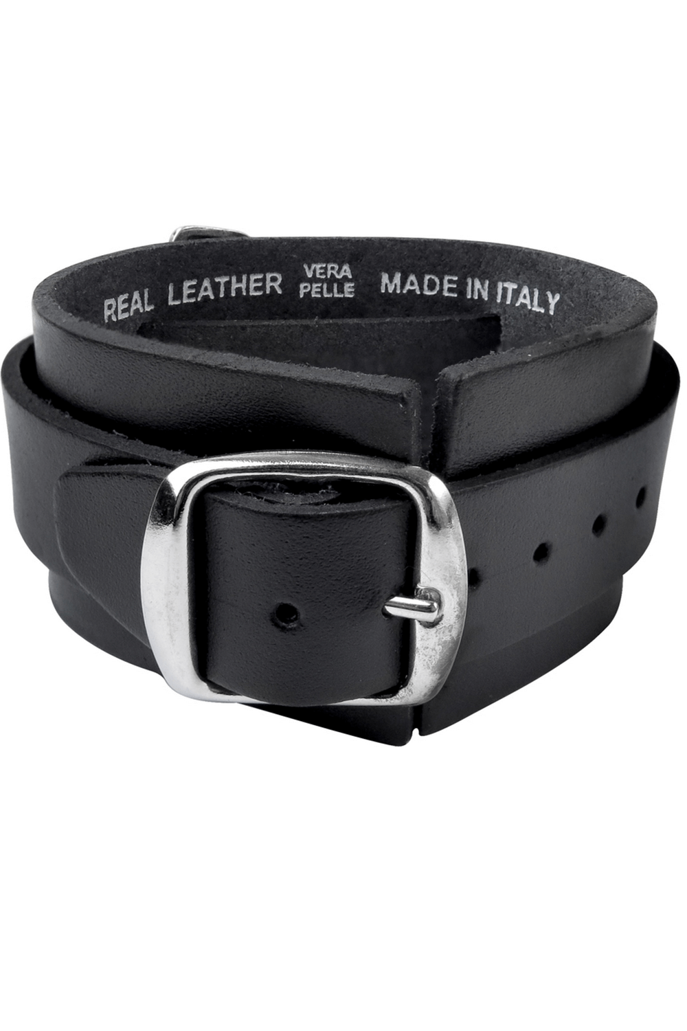 Black leather bracelet with silver buckle, made in Italy, perfect for showcasing a Viking Mjolnir inspired design.