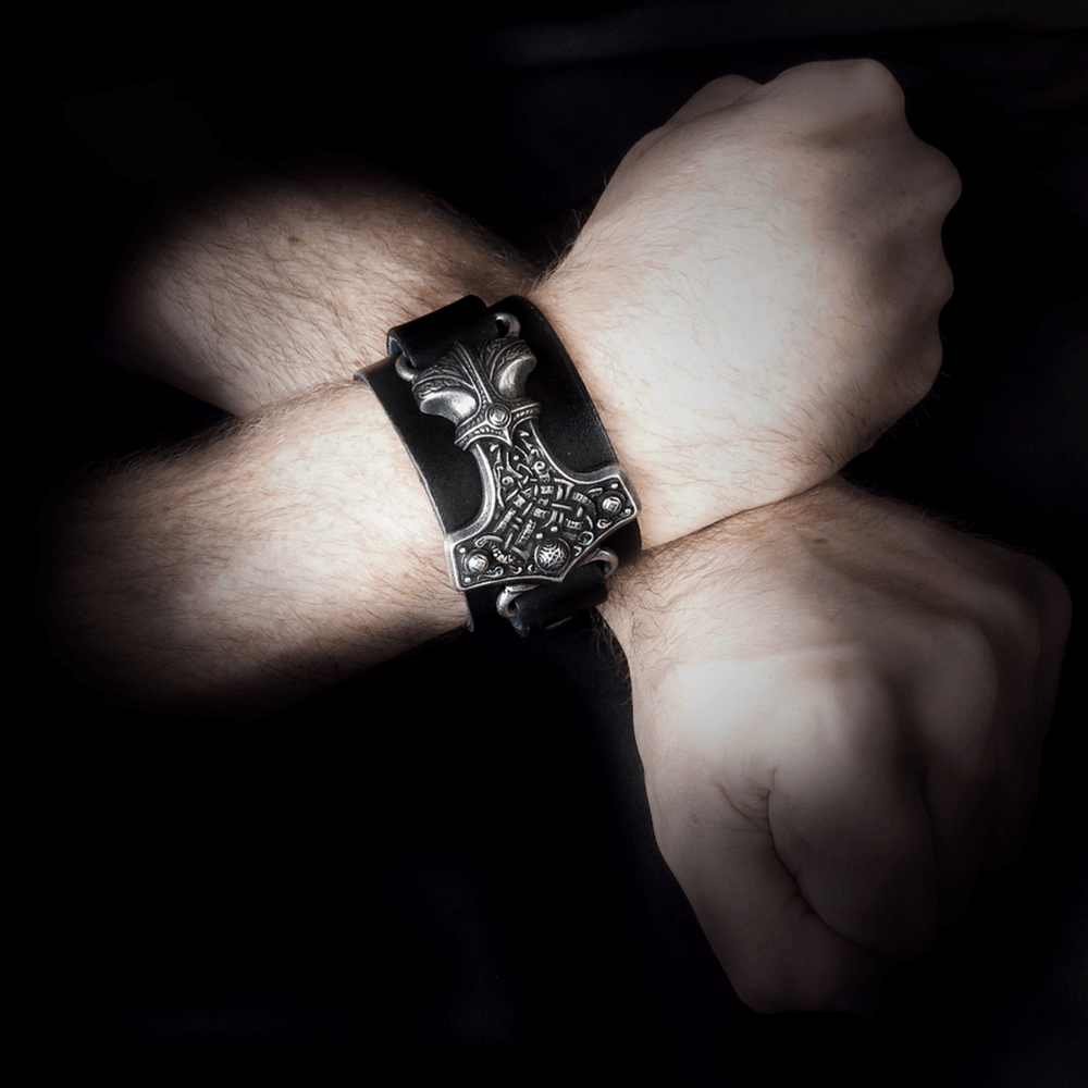 Norse Thor Hammer wide leather bracelet with pewter Mjolnir pendant, perfect for modern Vikings and myth lovers.