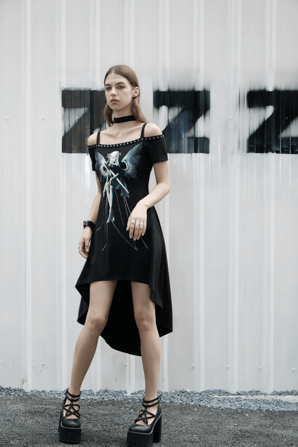 Black Off-Shoulder Fairy Print Dress with Rivet Detailing