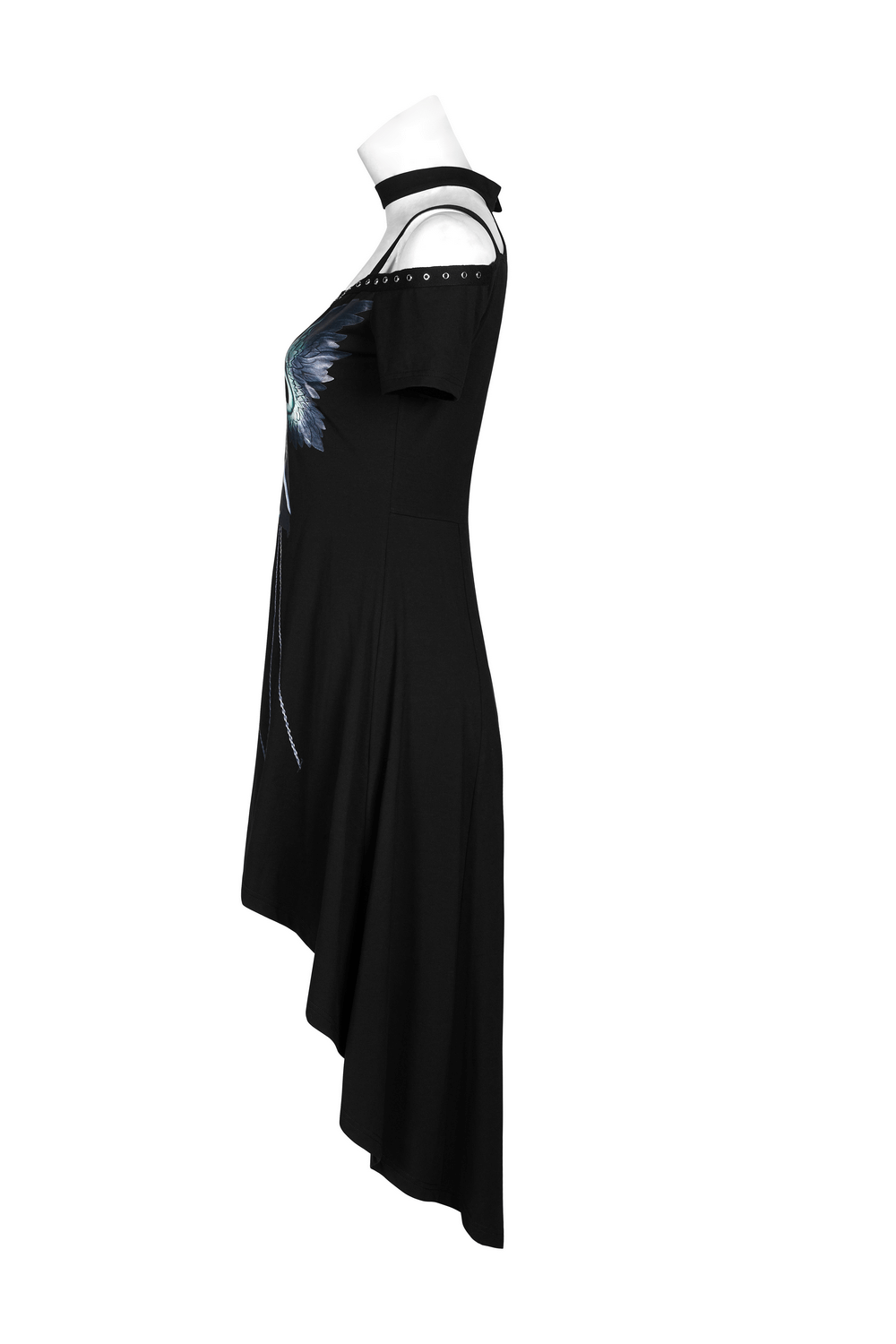 Black Off-Shoulder Fairy Print Dress with Rivet Detailing