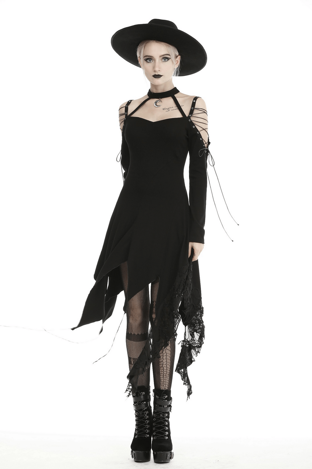 Black Off-Shoulder Ripped Witchy Punk Gothic Dress with Choker