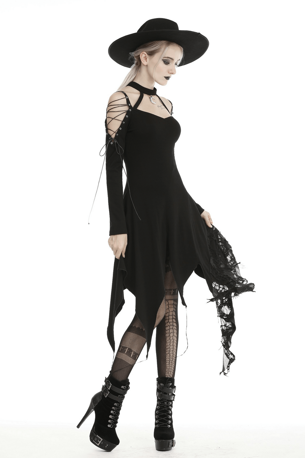 Black Off-Shoulder Ripped Witchy Punk Gothic Dress with Choker