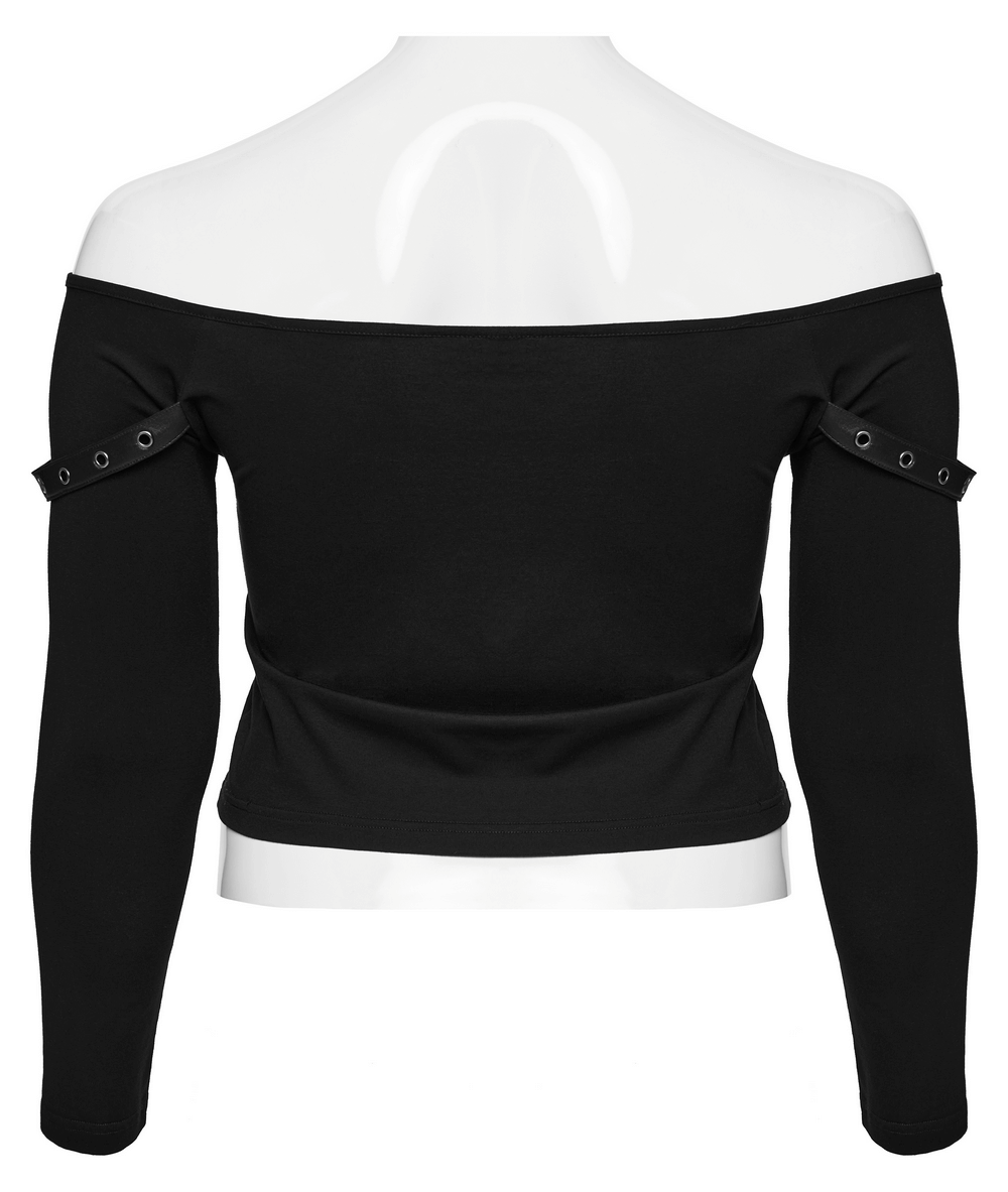Black Off-the-Shoulder Long Sleeves Top with Ring Accents