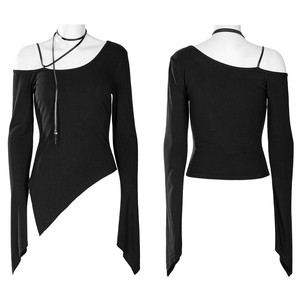 Black One Shoulder Choker Top with Gothic Sleeves