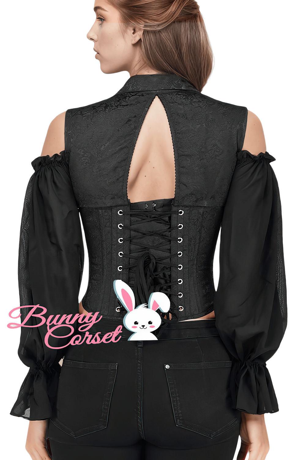 Back view of a black gothic overbust corset with sheer puff sleeves and intricate lace-up detail.