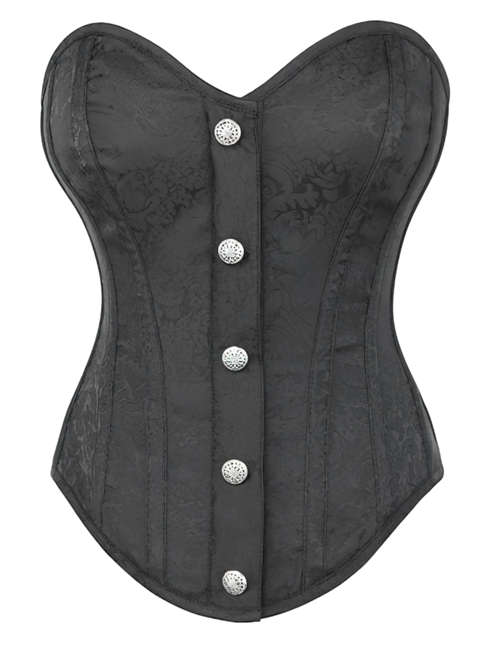 Elegant black overbust corset with lace pattern, featuring silver button closure for vintage-inspired gothic style.