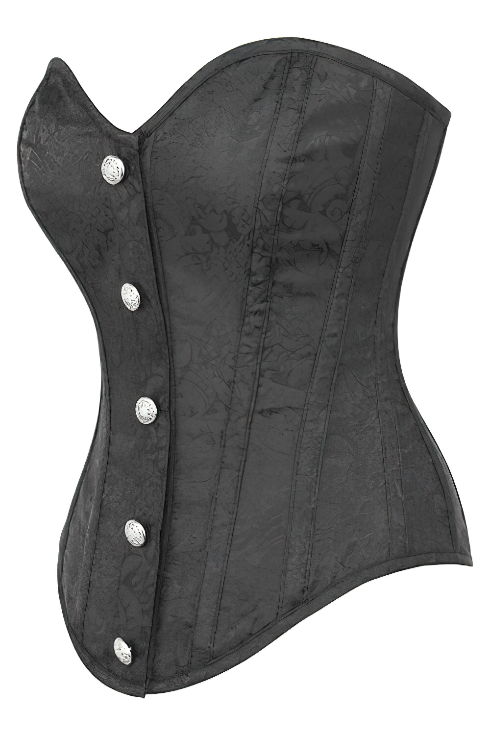 Black gothic lace-up overbust corset with brocade pattern, structured support, and button closure for a dramatic silhouette.