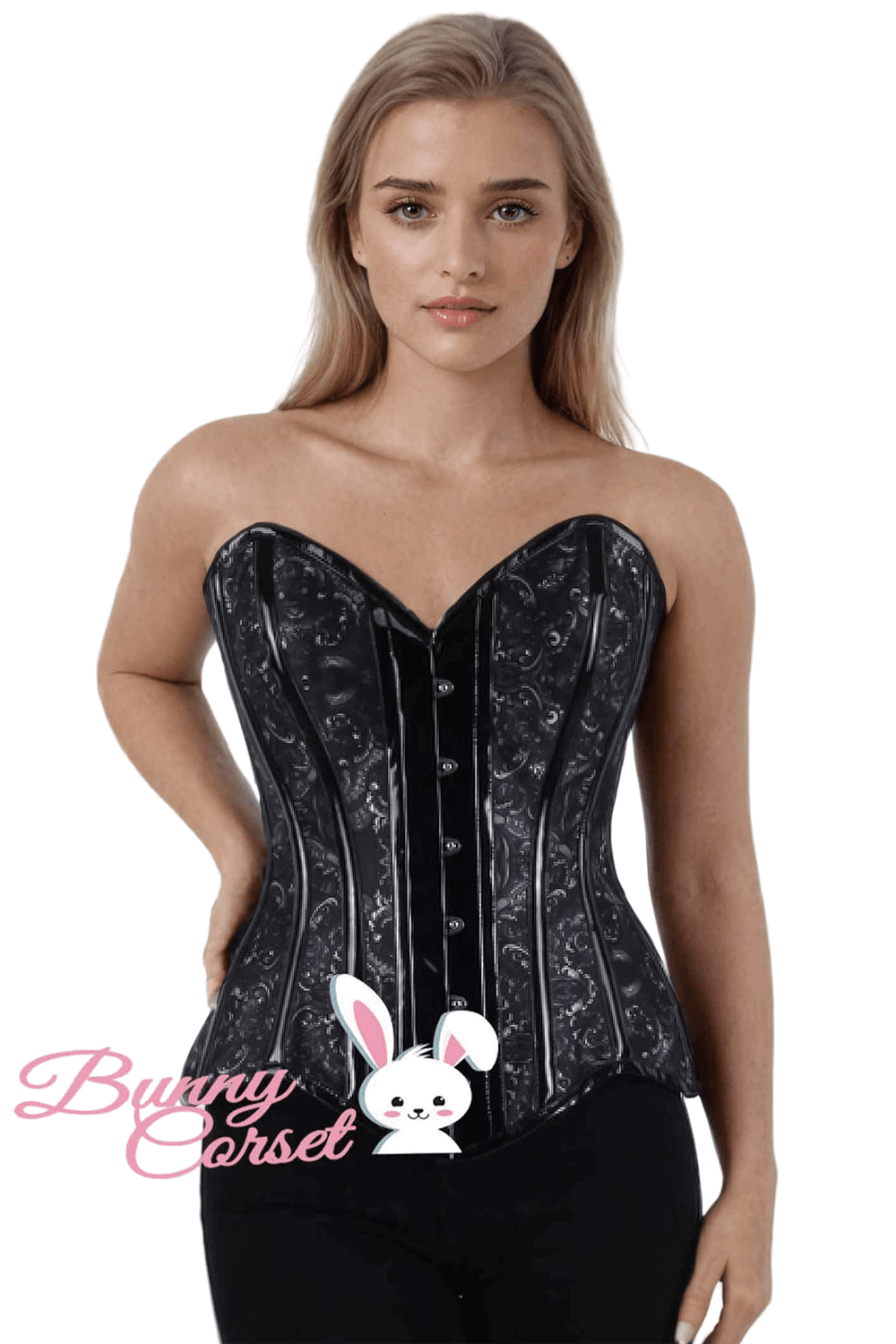 Model wearing black overbust corset with faux leather and taffeta for gothic elegance and waist training.