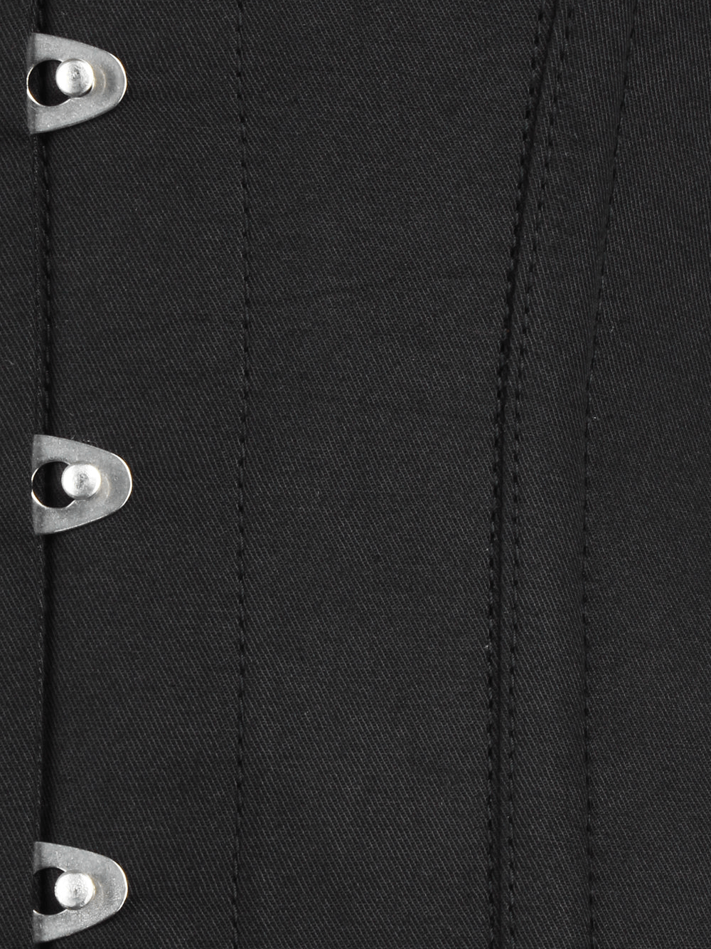 Close-up of the black overbust corset's front busk detailing with steel clasps for secure fastening.