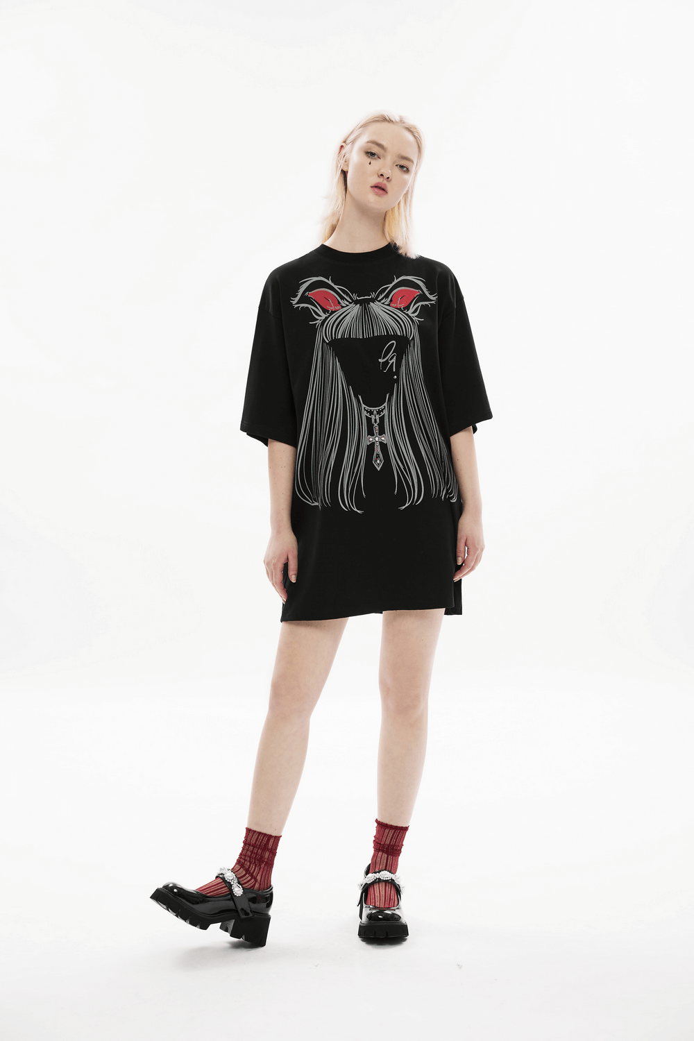 Black Oversized T-Shirt with Gothic Cat Design