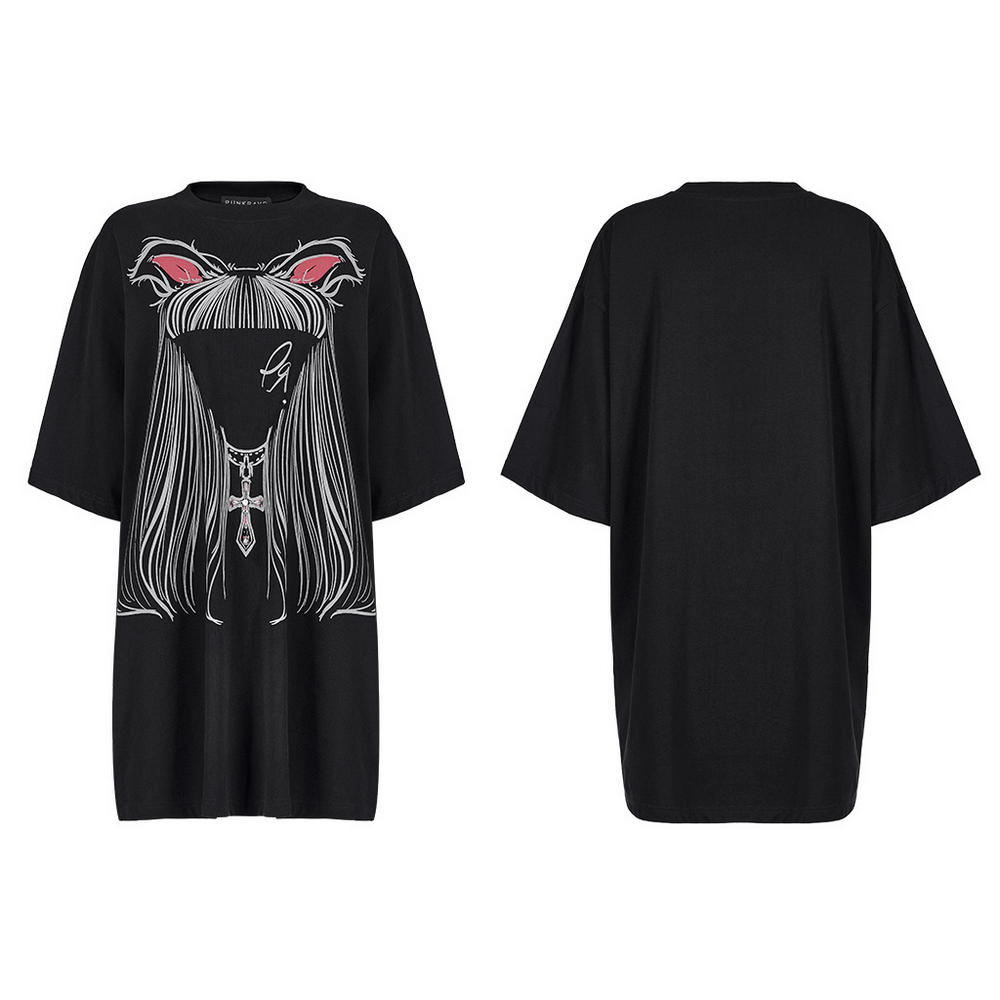 Black Oversized T-Shirt with Gothic Cat Design