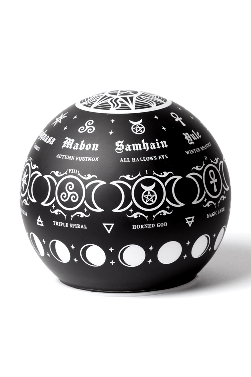 Black globe lamp featuring moon phases and pagan symbols like Mabon, Samhain, and the Triple Spiral.