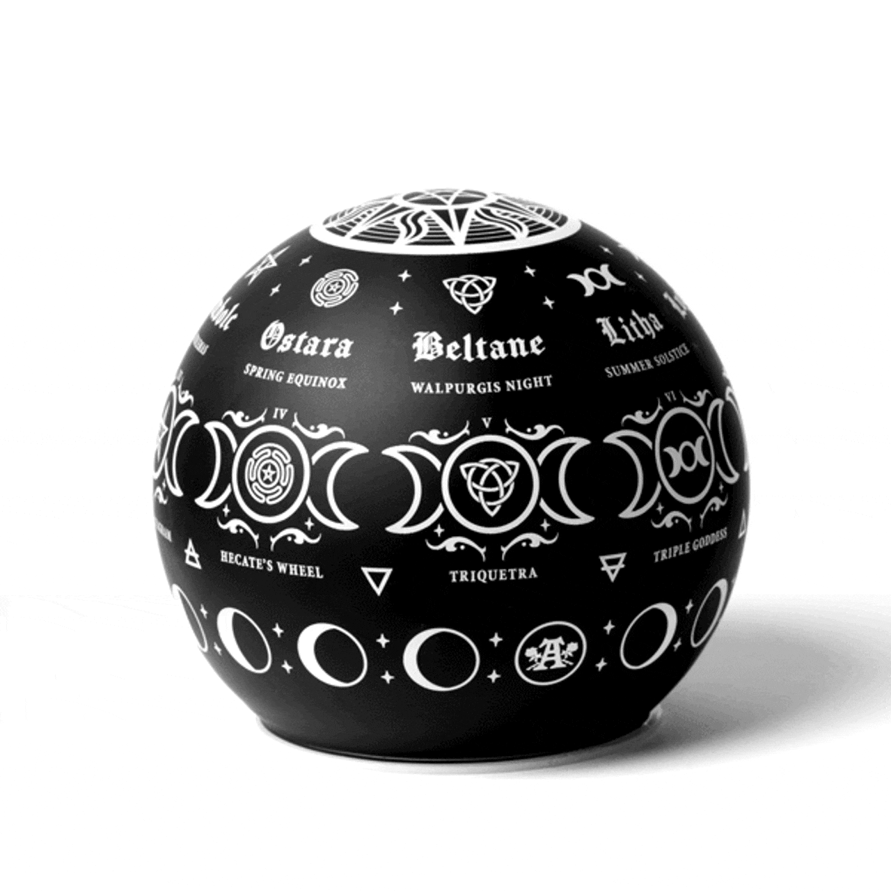 Black Pagan globe lamp displaying moon phases, seasonal sabbats, and sacred symbols for nature's cycles.