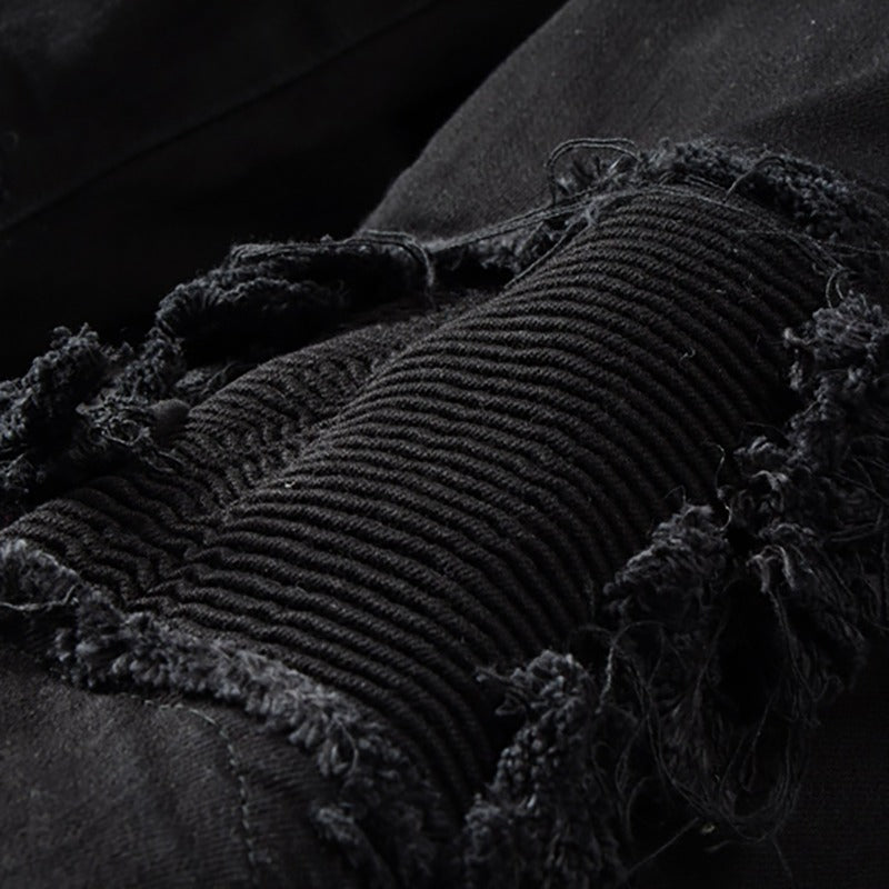 Black Patchwork Stretch Biker Jeans for Motorcycle Fashion / Slim Fit Skinny Ripped Pencil Pants - HARD'N'HEAVY